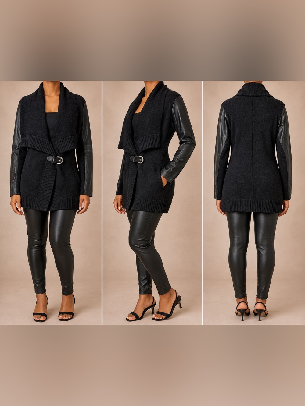 Ralph Lauren Black Knit Shawl-Collar Cardigan with Lamb Leather Leather Sleeves